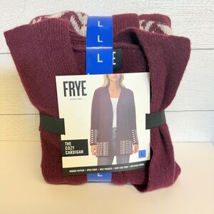 FRYE Women's Cardigan with Border Pattern- Deep Burgundy Large